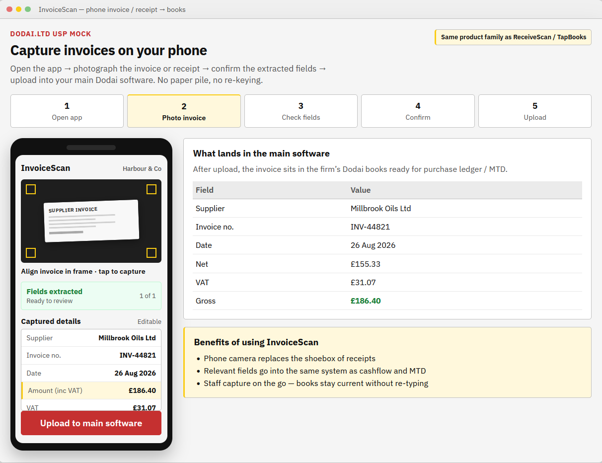 InvoiceScan phone camera capture of an invoice with extracted fields ready to upload