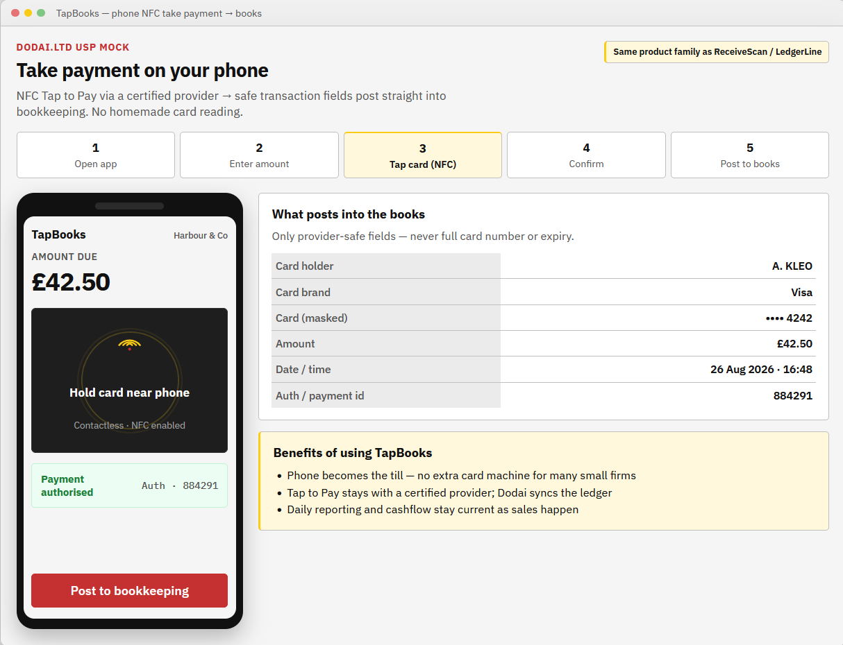 TapBooks phone NFC take payment posting safe fields into bookkeeping